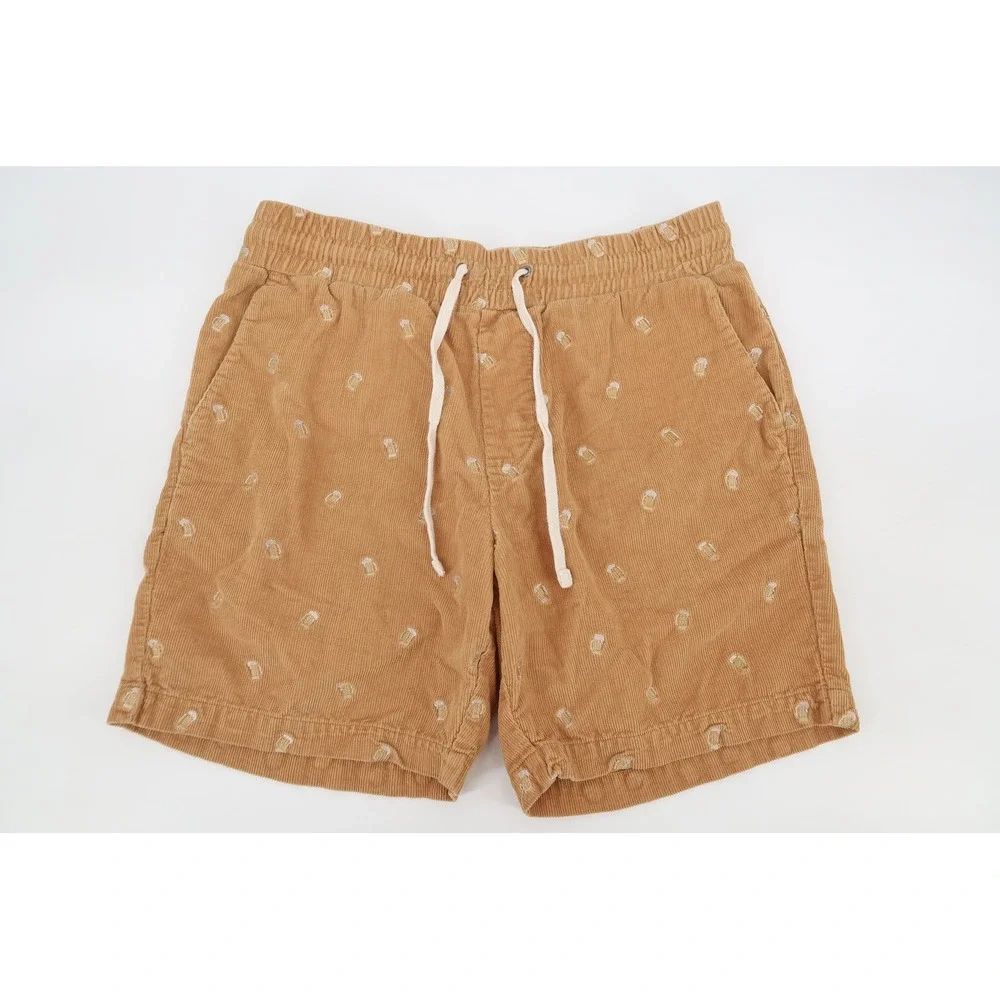 Criquet Corduroy Shorts Mens Small Tan Embroidered Beer Mugs Elastic Waist